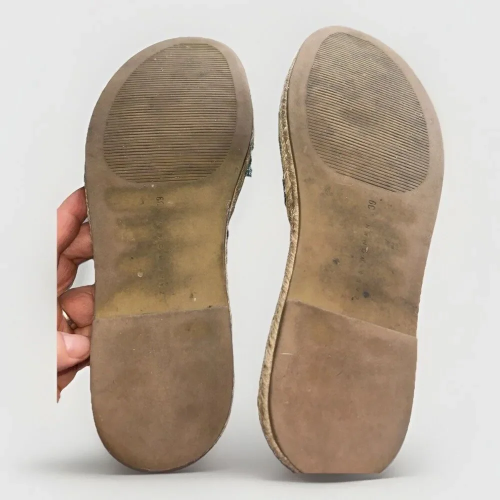 Zara Velvet Bow Sandals Slides Espadrilles 39 Blue Teal ‎ Open Toe Boho Classic